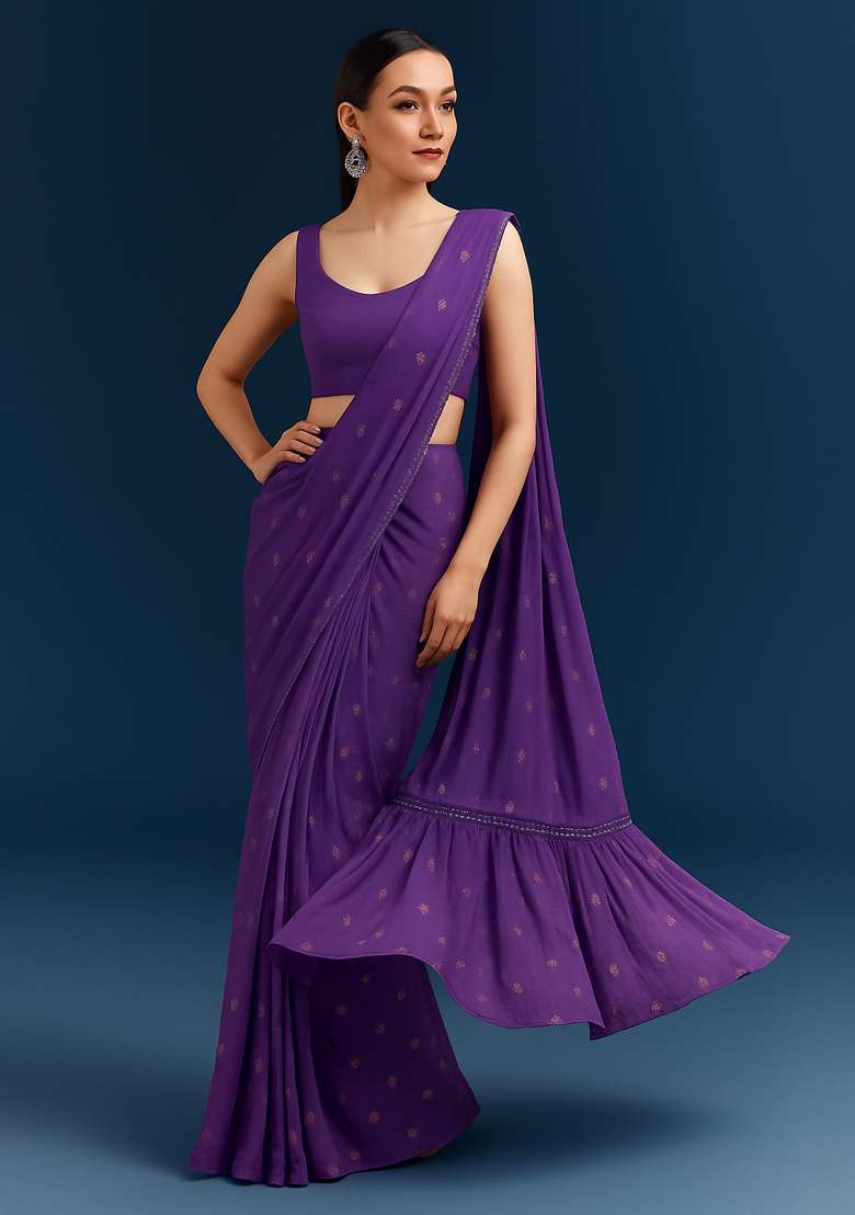 Purple Embroidered Georgette Pre Draped Saree Set - Indya