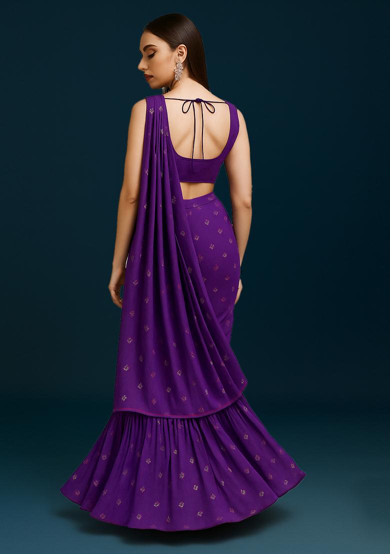 Purple Embroidered Georgette Pre Draped Saree Set - Indya