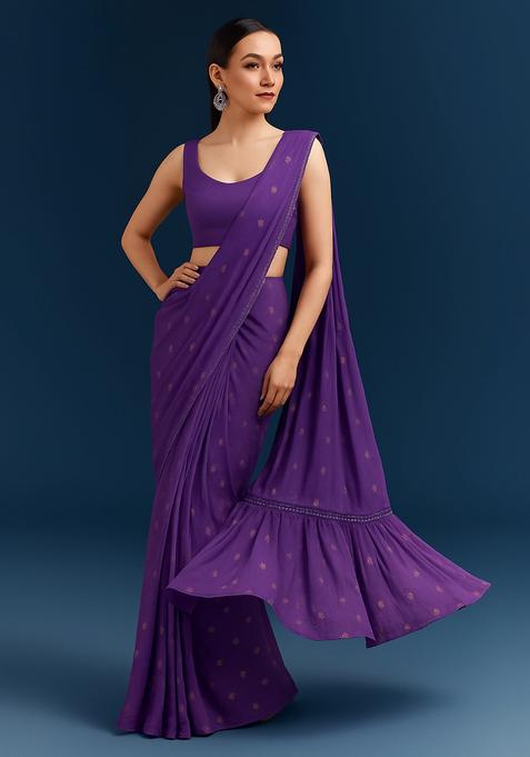 Purple Embroidered Georgette Pre Draped Saree Set
