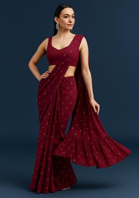 Maroon Embroidered Organza Pre Draped Saree Set