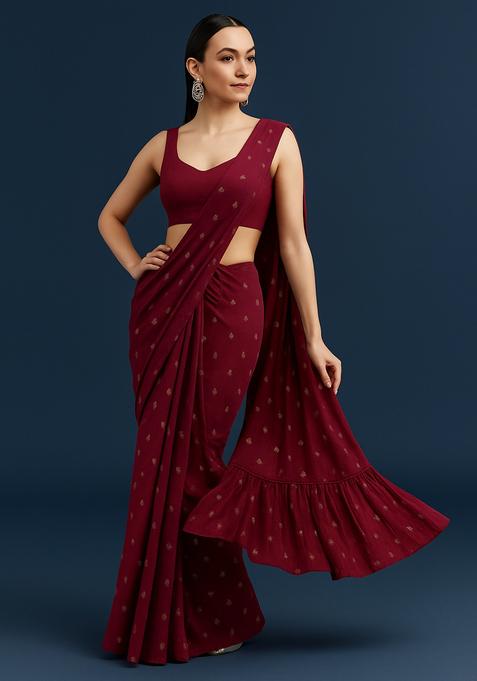Maroon Embroidered Organza Pre Draped Saree Set