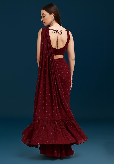 Maroon Embroidered Organza Pre Draped Saree Set