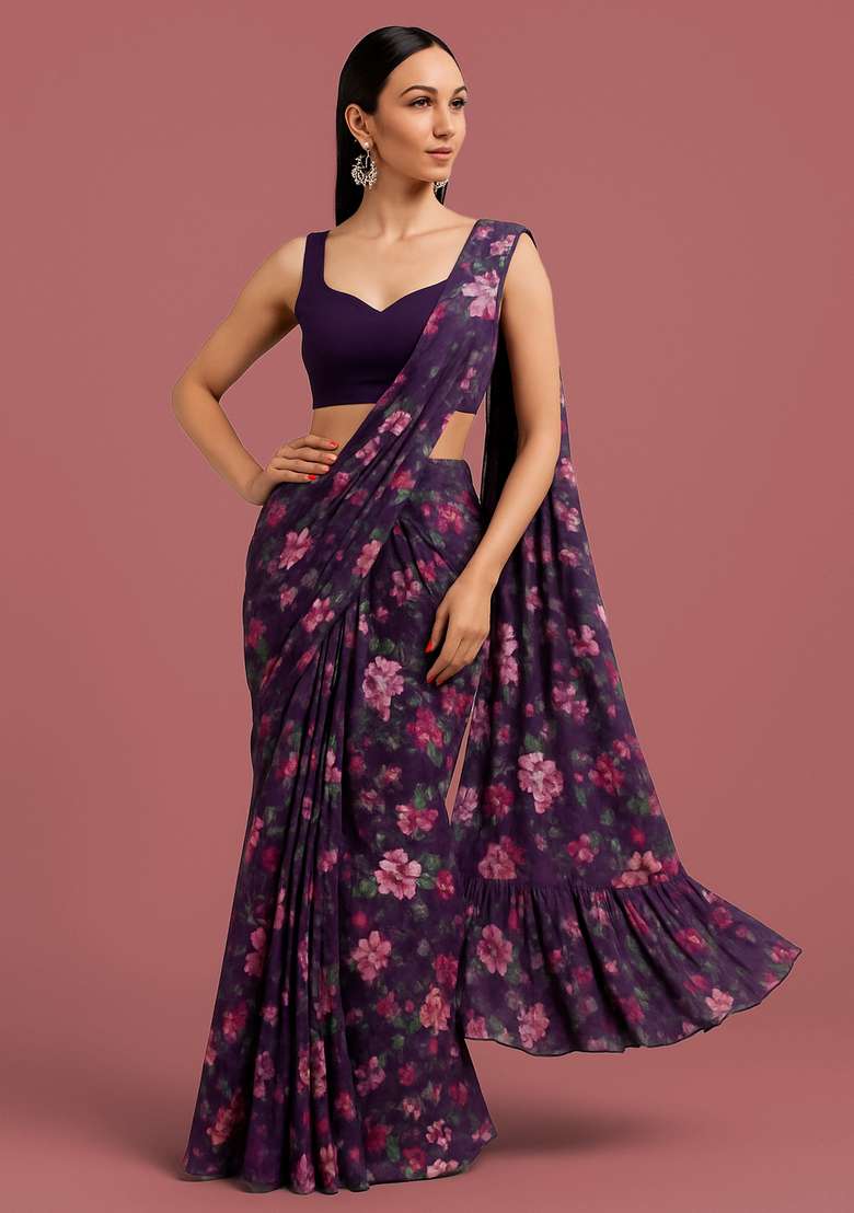 Purple Organza Pre Draped Saree Set with Printed for Diwali | Wedding & Festive Wear - Indya