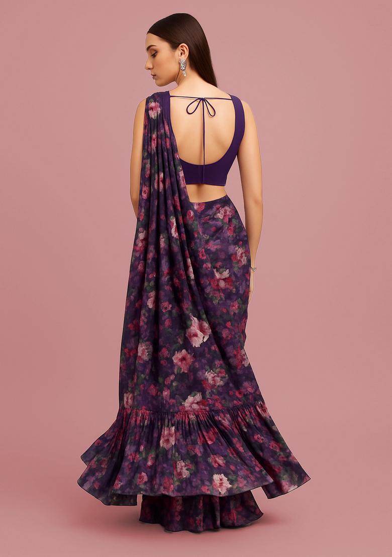 Purple Printed Organza Pre Draped Saree Set - Indya