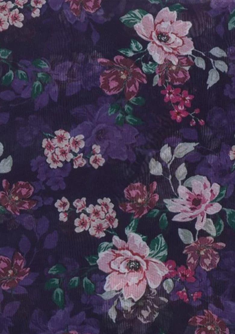 Purple Printed Organza Pre Draped Saree Set - Indya