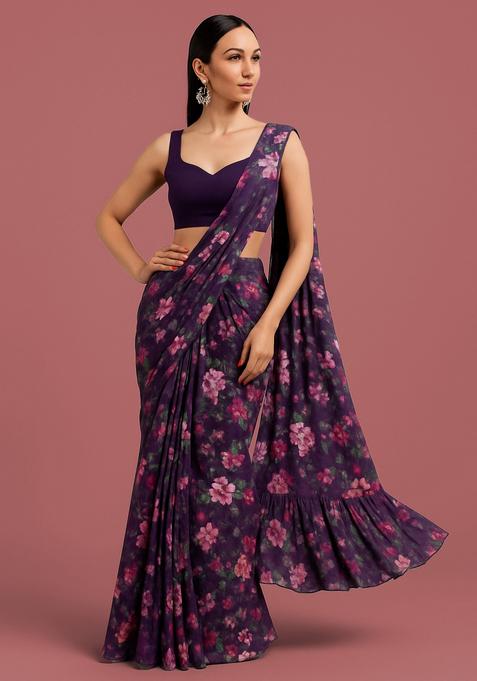 Purple Printed Organza Pre Draped Saree Set