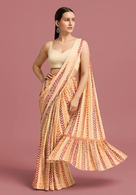 Purple Printed Chinon Pre Draped Saree Set