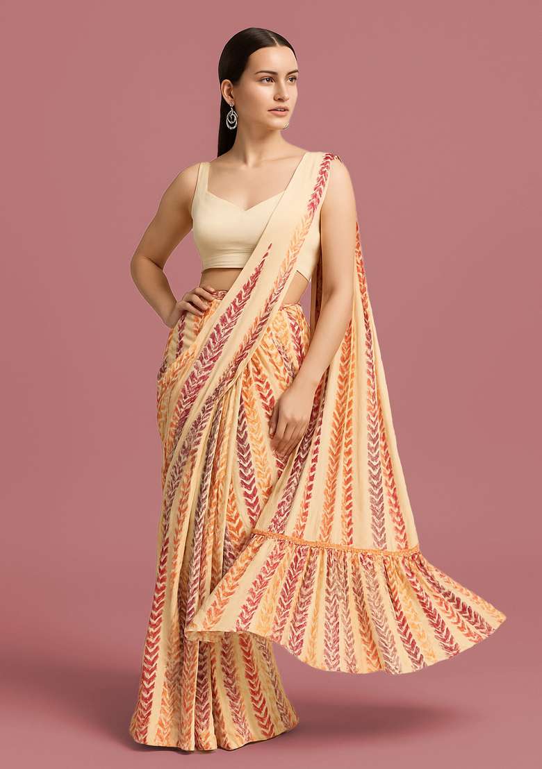Purple Printed Chinon Pre Draped Saree Set - Indya