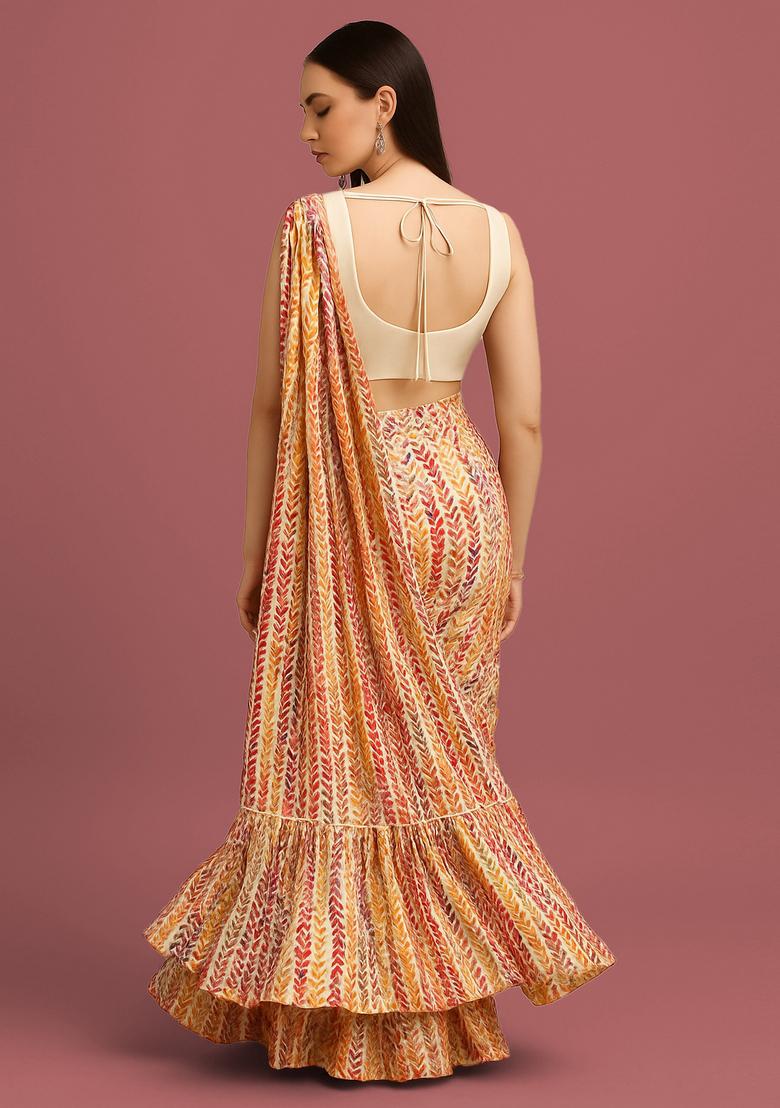 Purple Printed Chinon Pre Draped Saree Set - Indya