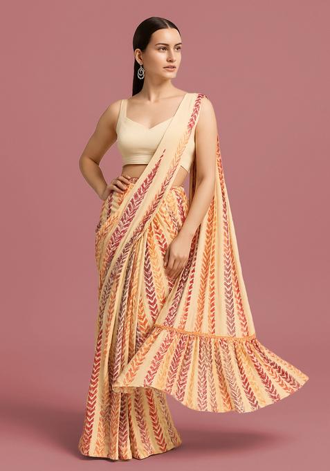 Purple Printed Chinon Pre Draped Saree Set