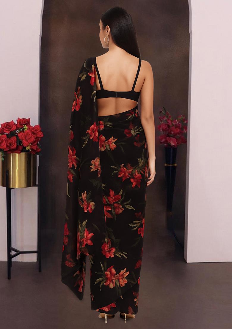 Black Printed Chiffon Pre Draped Saree Set - Indya