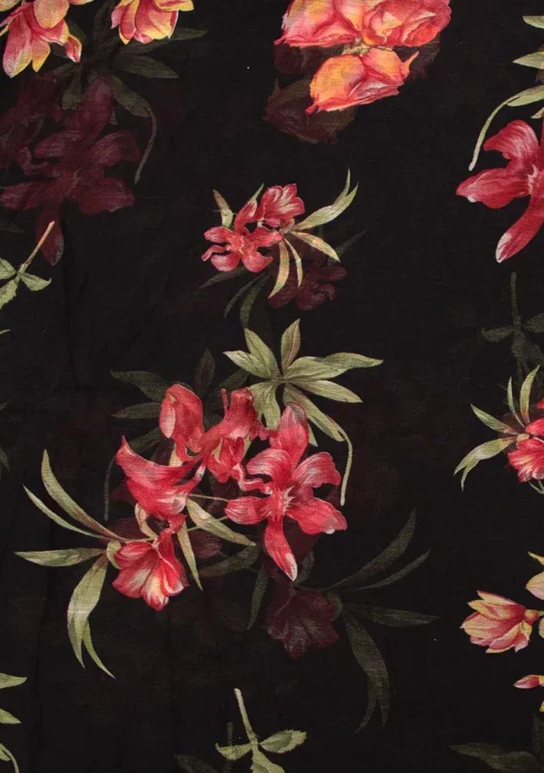 Black Printed Chiffon Pre Draped Saree Set - Indya