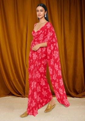 Red Printed Chiffon Pre Draped Saree Set