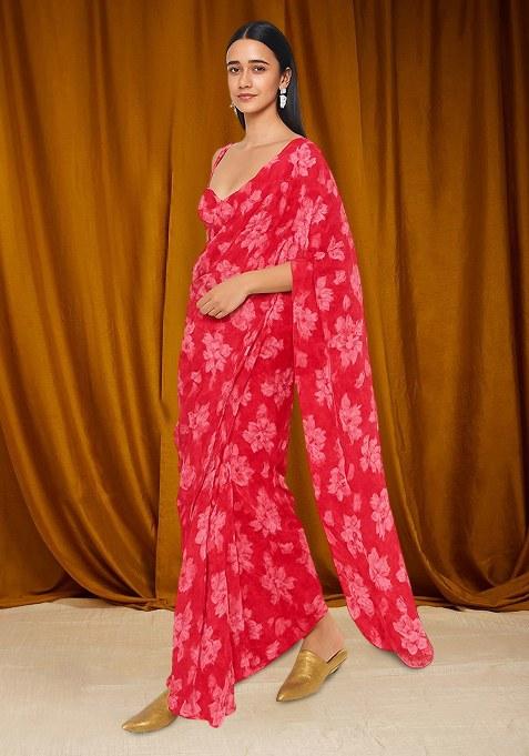 Red Printed Chiffon Pre Draped Saree Set