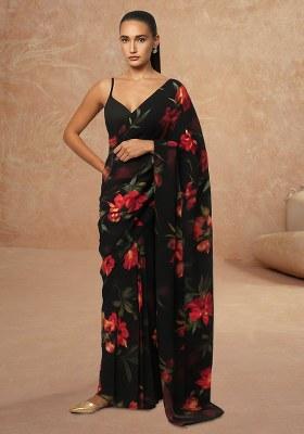Black Printed Chiffon Pre Draped Saree Set
