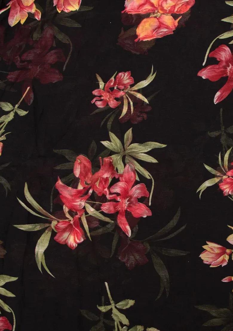 Black Printed Chiffon Pre Draped Saree Set - Indya