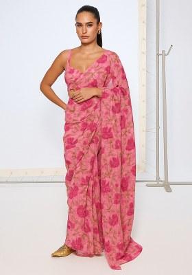 Light Pink Printed Chiffon Pre Draped Saree Set
