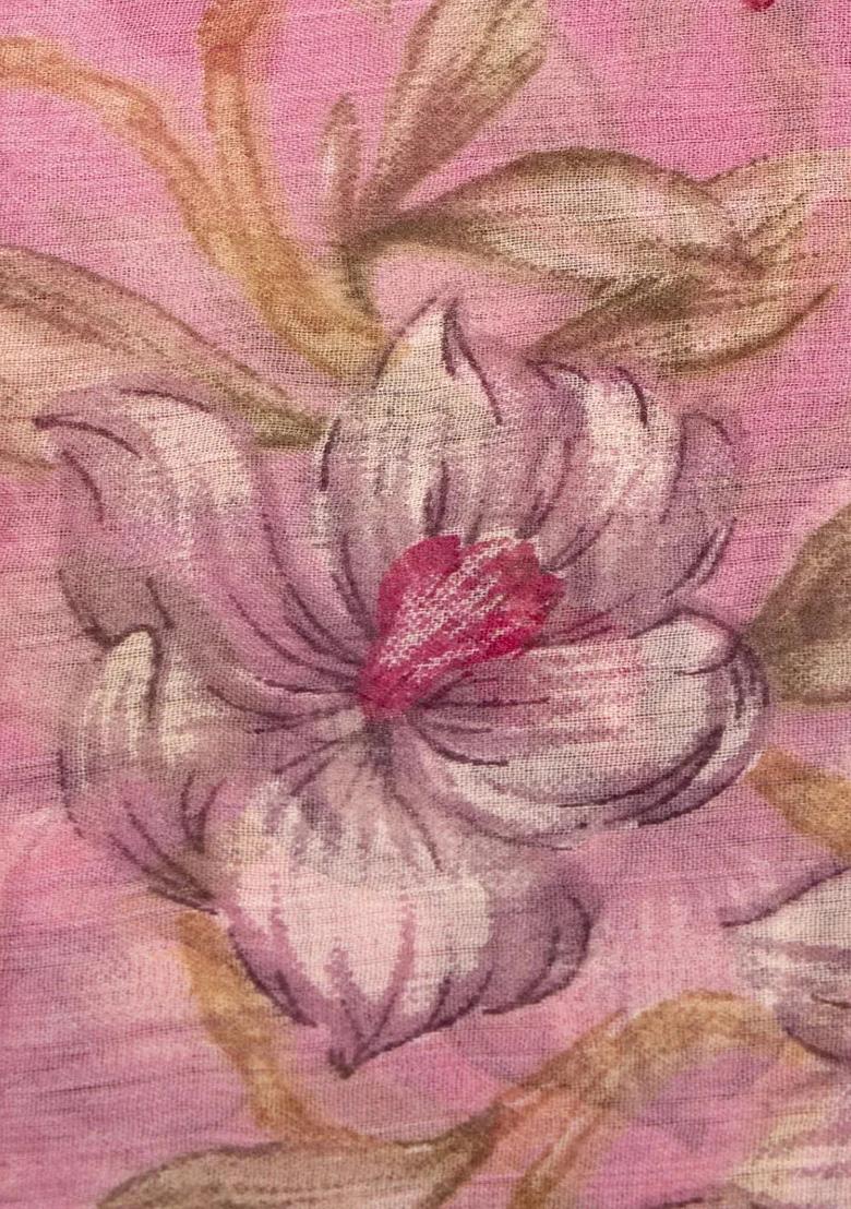 Light Pink Printed Chiffon Pre Draped Saree Set - Indya