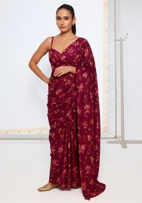 Wine Printed Chiffon Pre Draped Saree Set