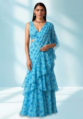 Light Blue Printed Chiffon Pre Draped Saree Set