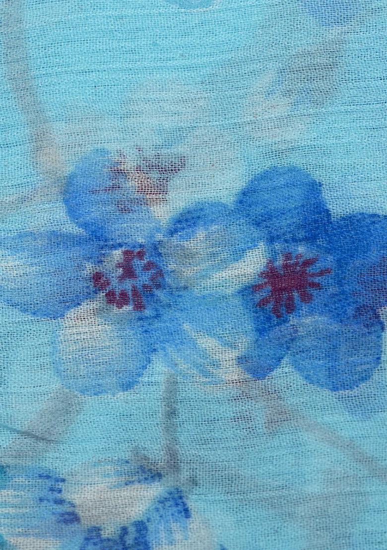 Light Blue Printed Chiffon Pre Draped Saree Set - Indya