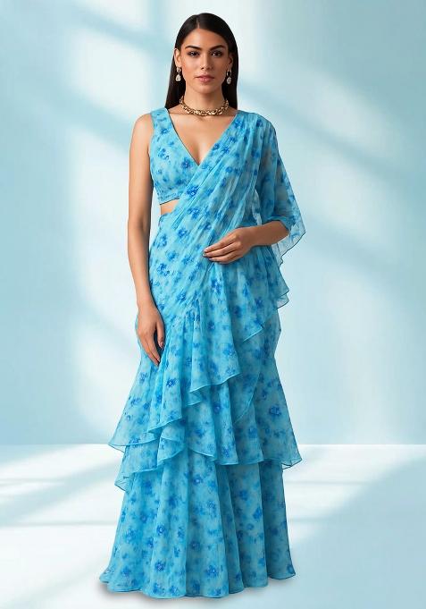 Light Blue Printed Chiffon Pre Draped Saree Set