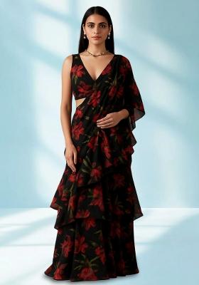 Black Printed Chiffon Pre Draped Saree Set