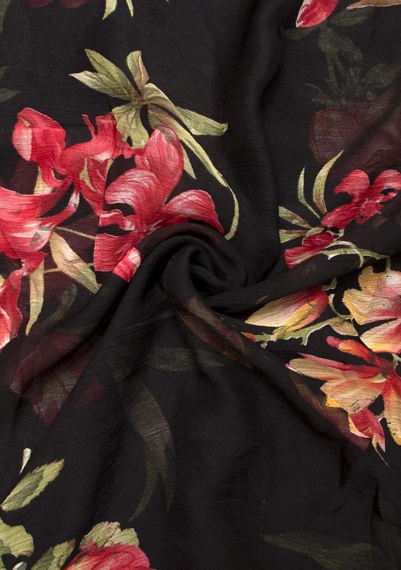 Black Printed Chiffon Pre Draped Saree Set - Indya