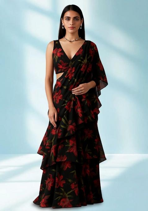 Black Printed Chiffon Pre Draped Saree Set