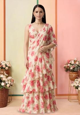 Cream Printed Chiffon Pre Draped Saree Set