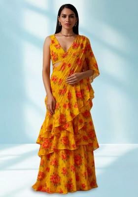 Yellow Printed Chiffon Pre Draped Saree Set