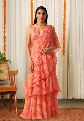 Peach Printed Chiffon Pre Draped Saree Set