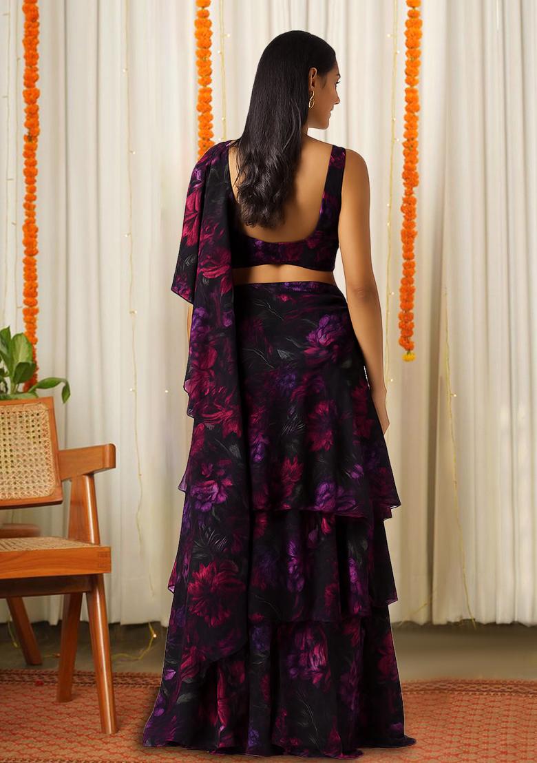 Dark Purple Printed Chiffon Pre Draped Saree Set - Indya