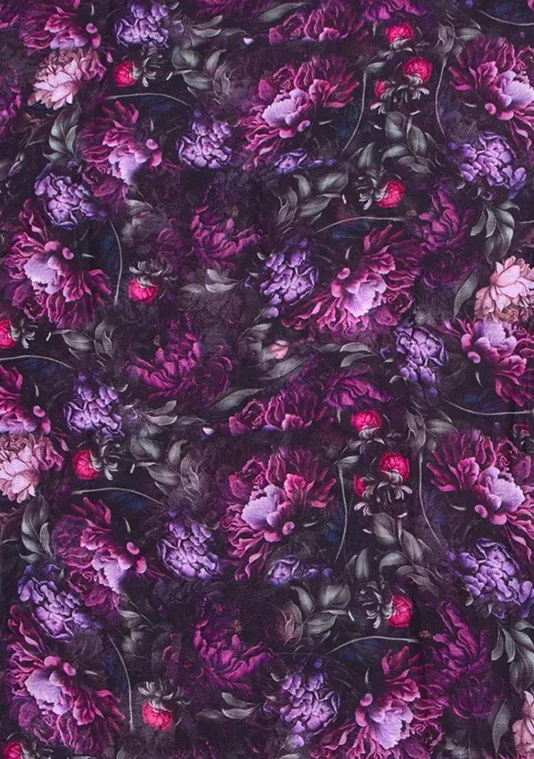 Dark Purple Printed Chiffon Pre Draped Saree Set - Indya