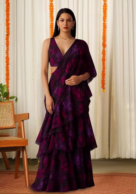 Dark Purple Printed Chiffon Pre Draped Saree Set