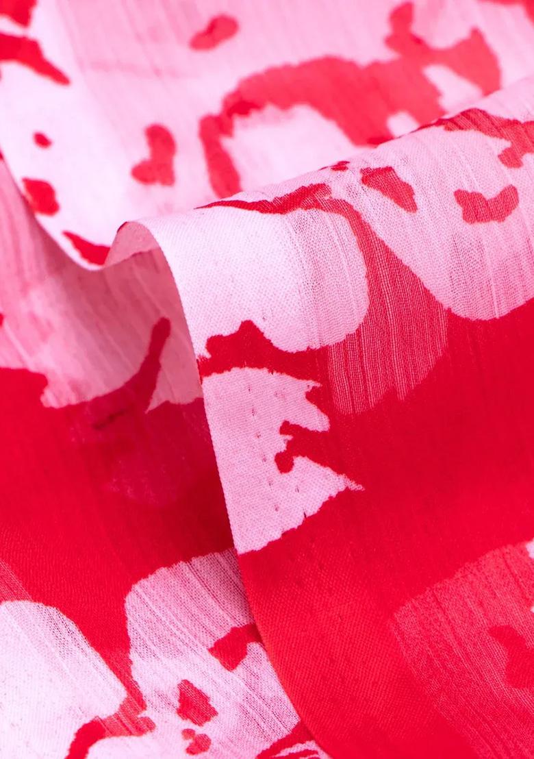 Hot Pink Printed Chiffon Pre Draped Saree Set - Indya