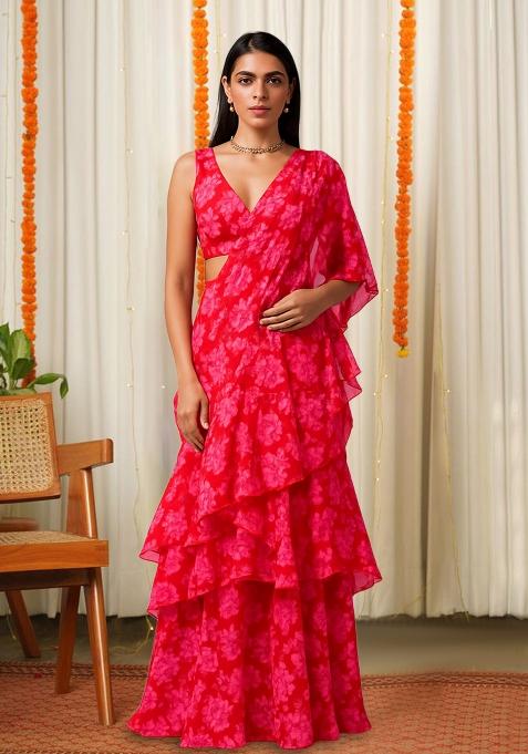 Hot Pink Printed Chiffon Pre Draped Saree Set