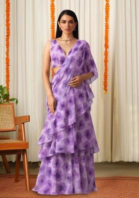 Purple Printed Chiffon Pre Draped Saree Set