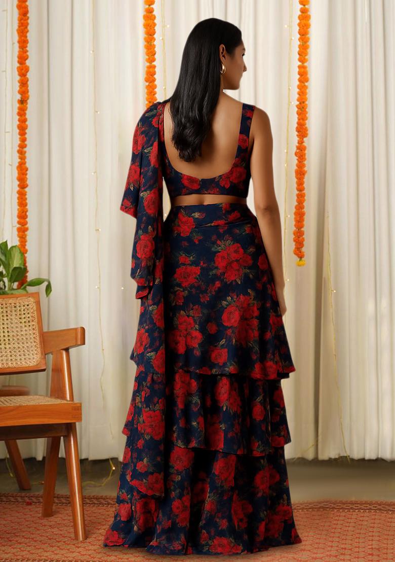 Blue Printed Chiffon Pre Draped Saree Set - Indya