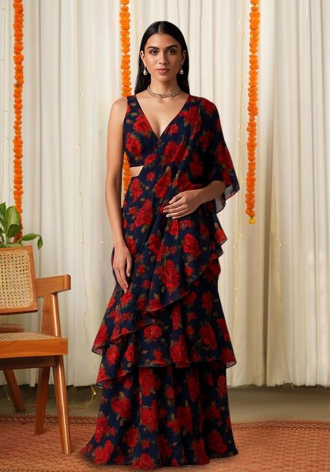 Blue Printed Chiffon Pre Draped Saree Set