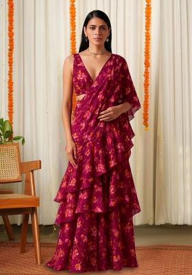 Wine Printed Chiffon Pre Draped Saree Set