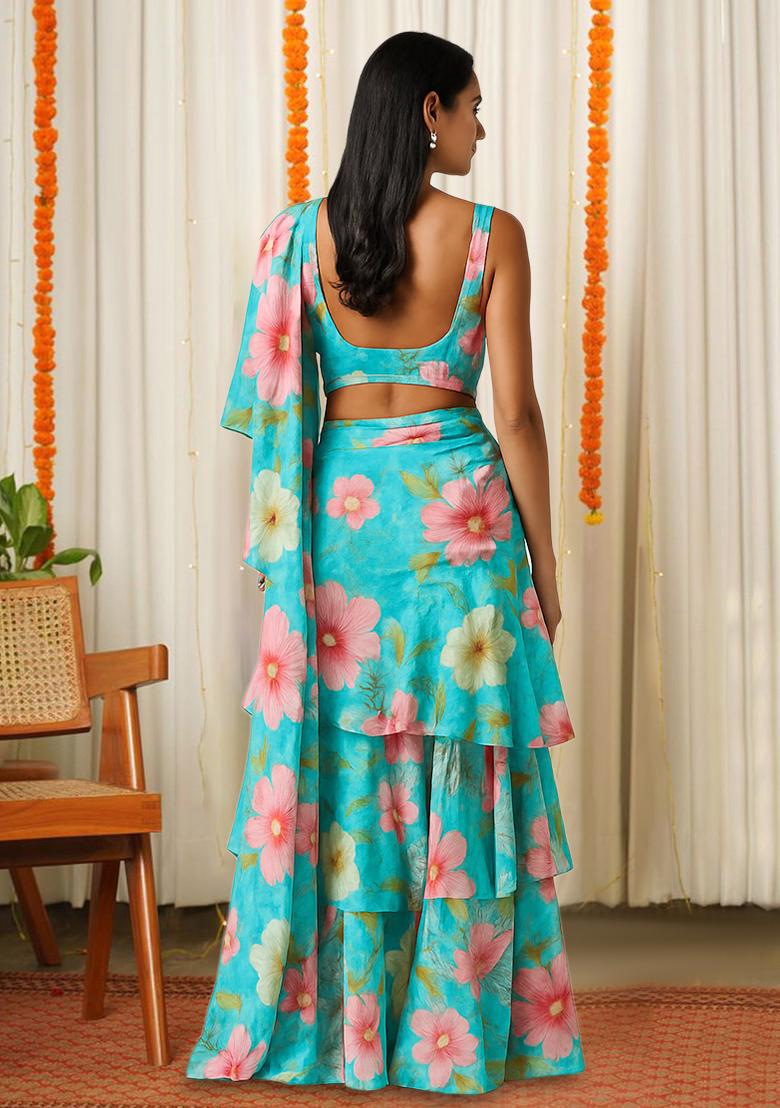 Sky Blue Printed Chinon Pre Draped Saree Set - Indya