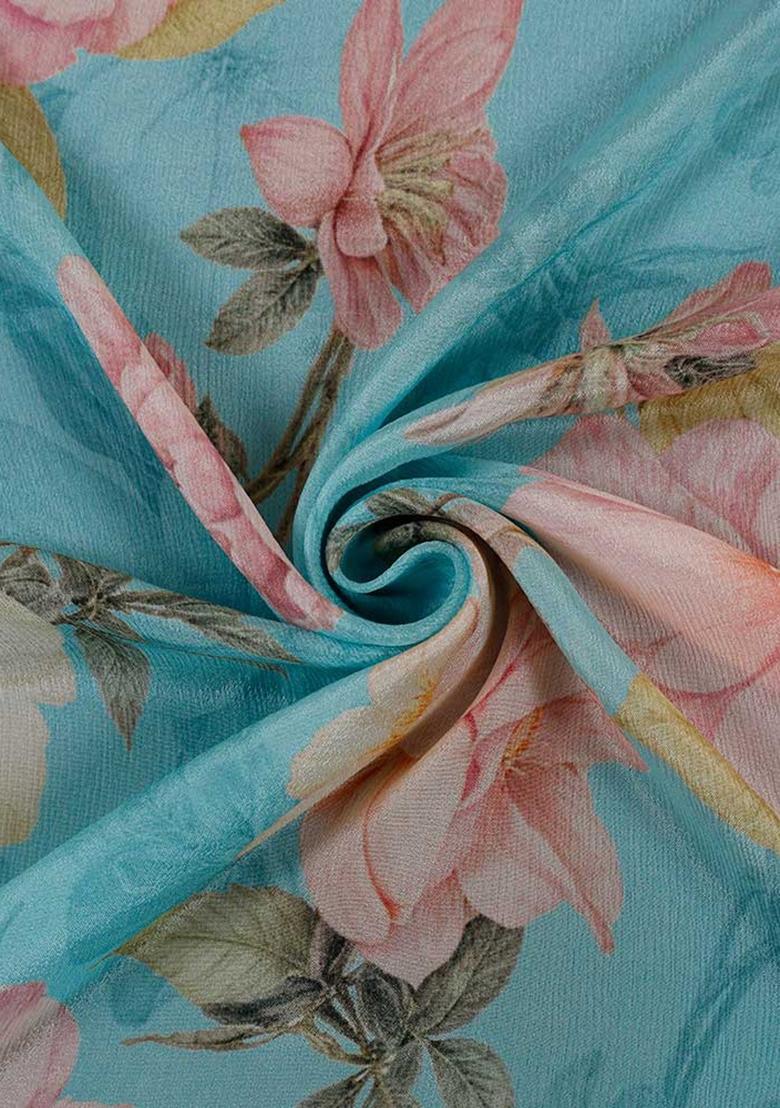 Sky Blue Printed Chinon Pre Draped Saree Set - Indya