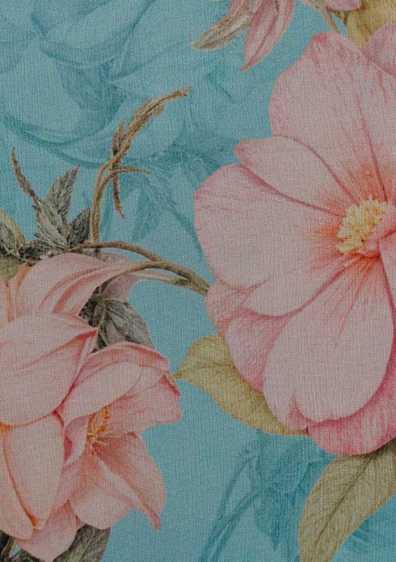 Sky Blue Printed Chinon Pre Draped Saree Set - Indya