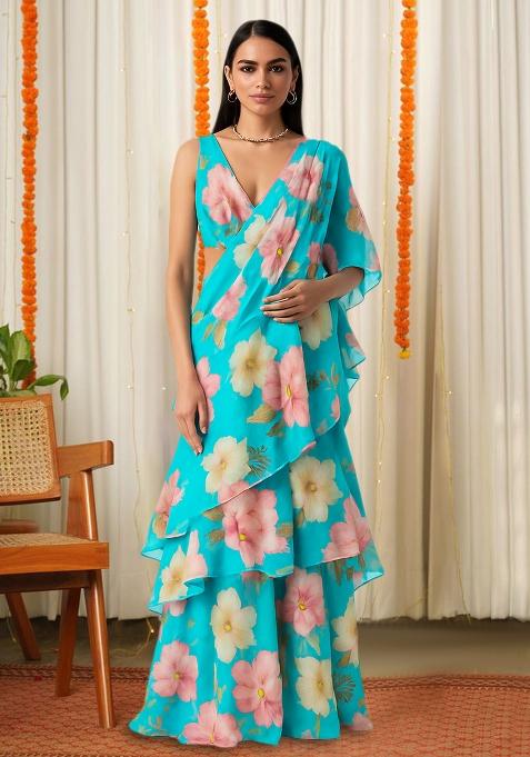 Sky Blue Printed Chinon Pre Draped Saree Set