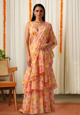 Pink Printed Chinon Pre Draped Saree Set