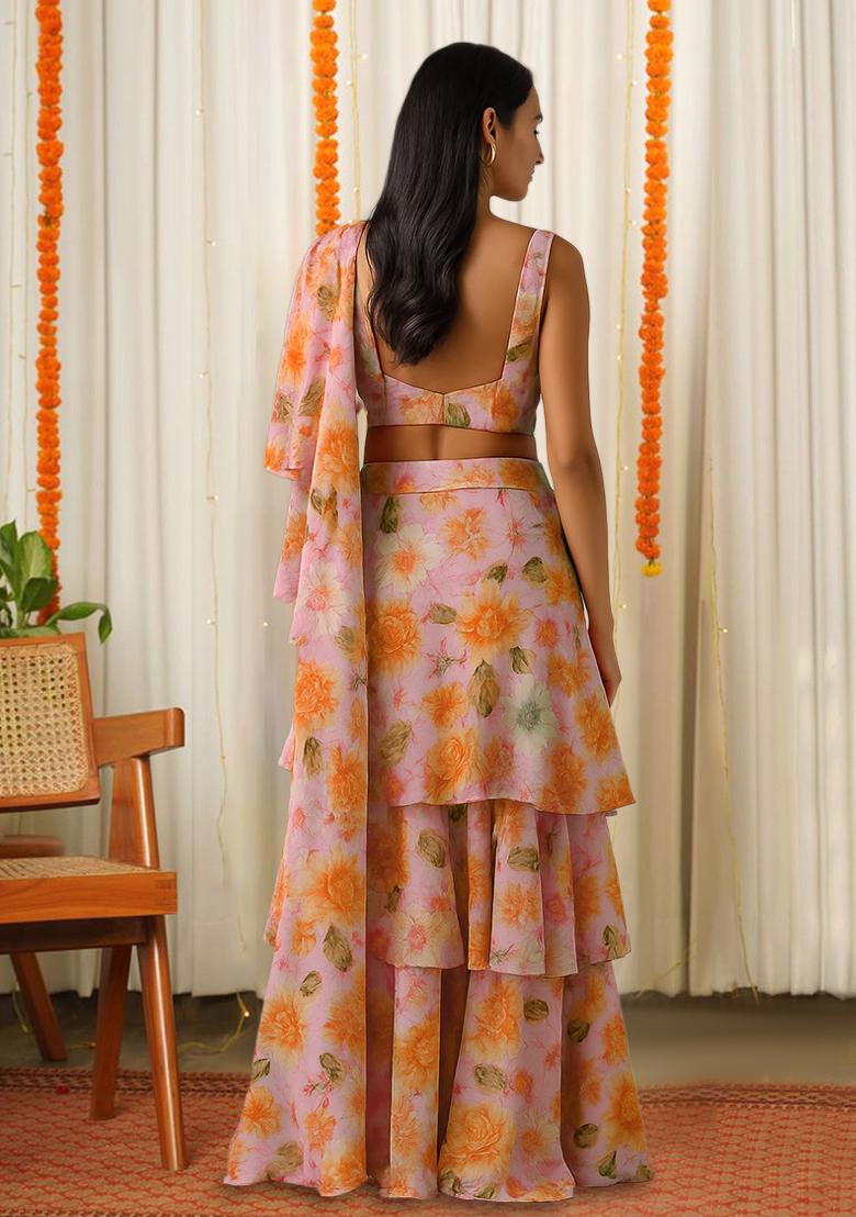 Pink Printed Chinon Pre Draped Saree Set - Indya