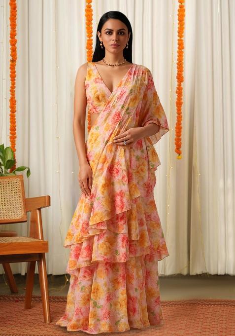 Pink Printed Chinon Pre Draped Saree Set