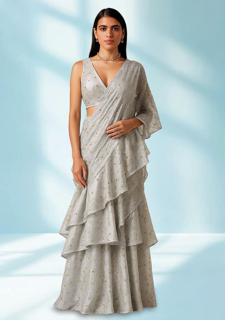 Light Grey Embellished Chinon Pre Draped Saree Set
