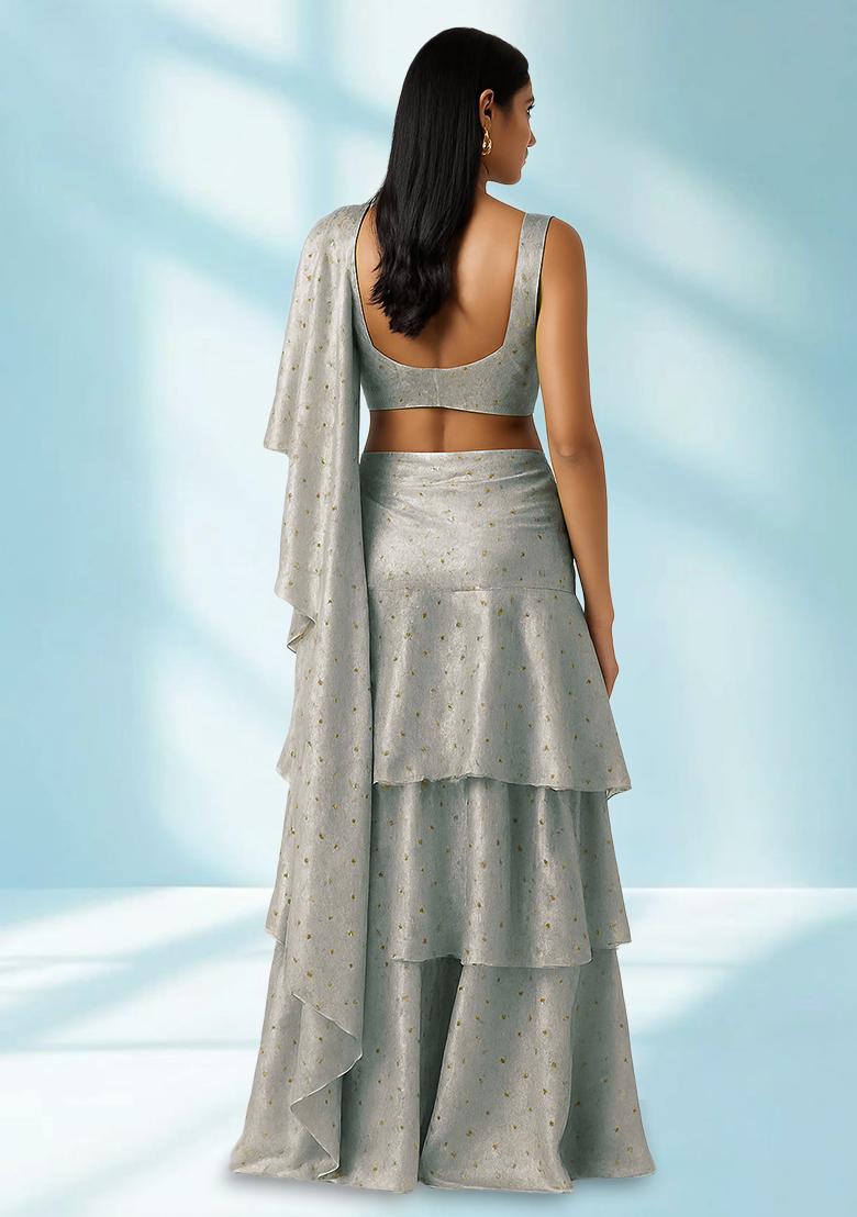 Light Grey Embellished Chinon Pre Draped Saree Set